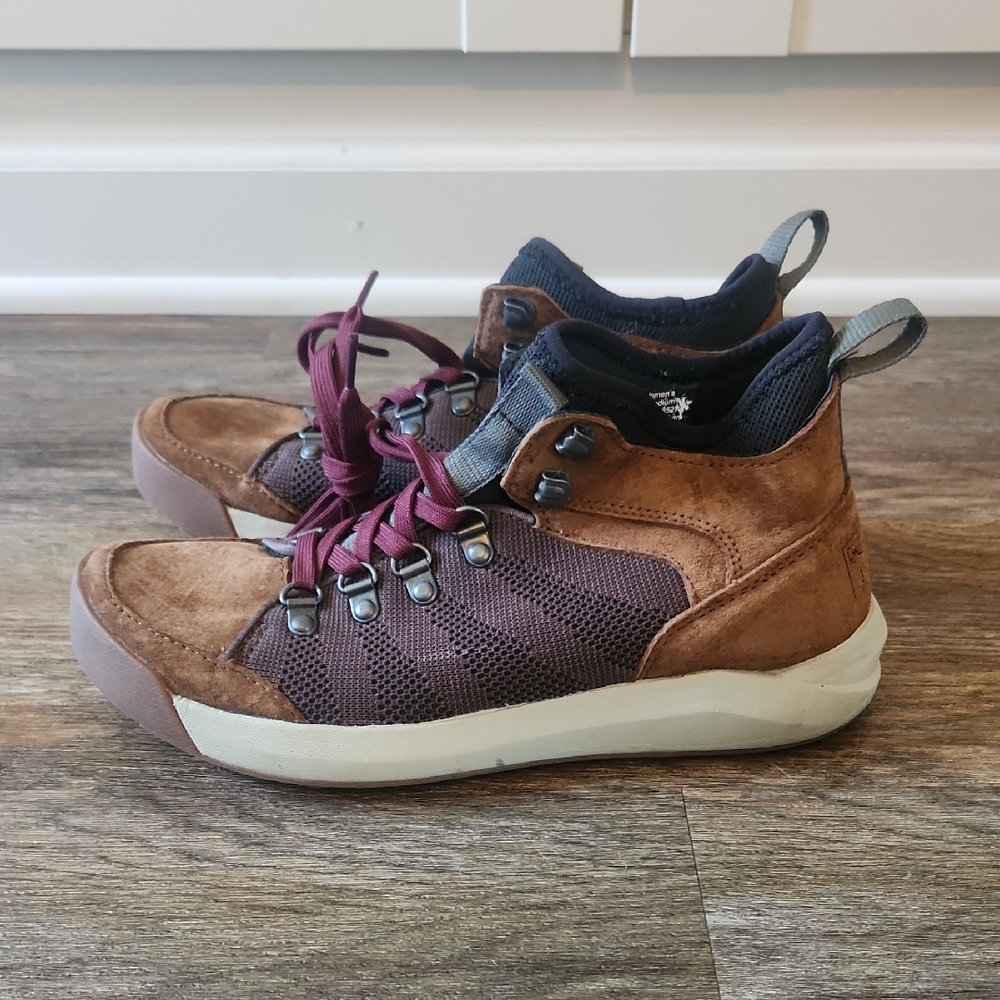 L.L. Bean Brown Suede & Dark Brown Mesh Ankle Booties with Burgundy Laces
